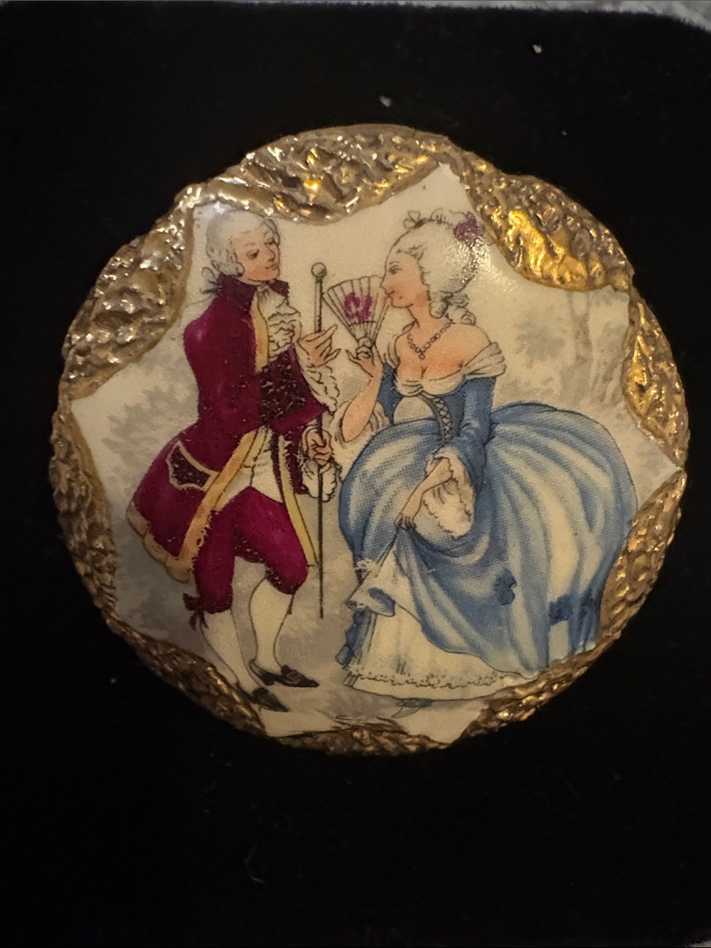 Vintage Rococo Portrait Shell Brooch in Blue, Gold, and Magenta